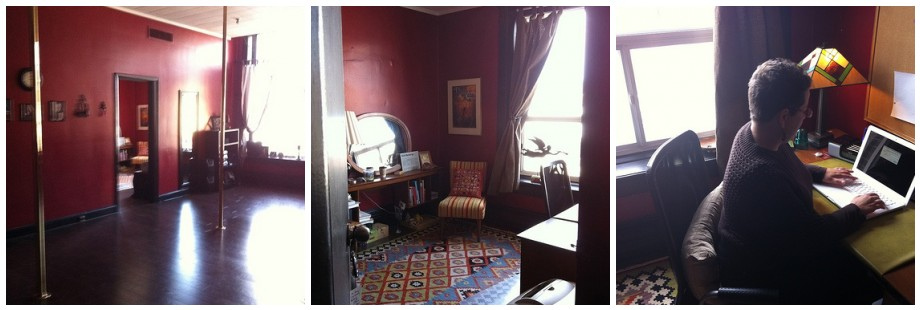 Writer`s office with desk, lamp and poles