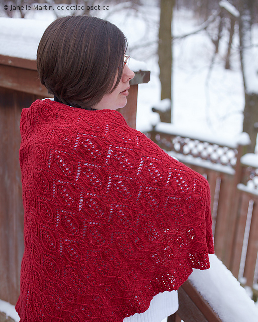 Woman wearing red shawl by fence