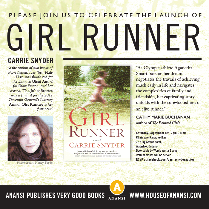 Carrie Snyder Girl Runner book launch invite