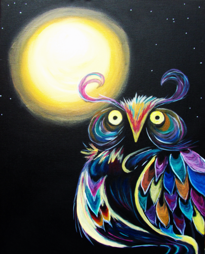 Colour owl painting with moon