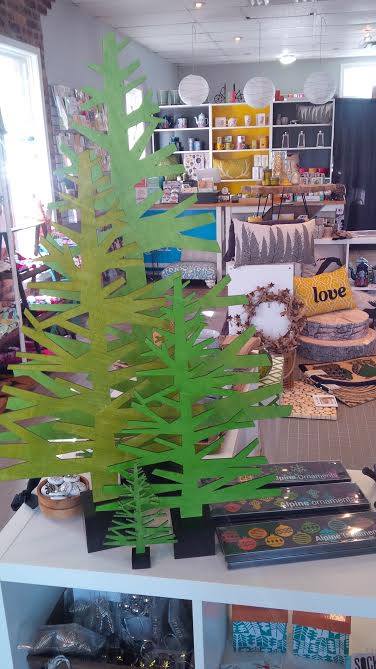 Wooden christmas trees in a gift store